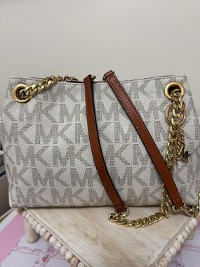 Michael Kors White Logo Canvas Shoulder Bag with Tan Leather Trim